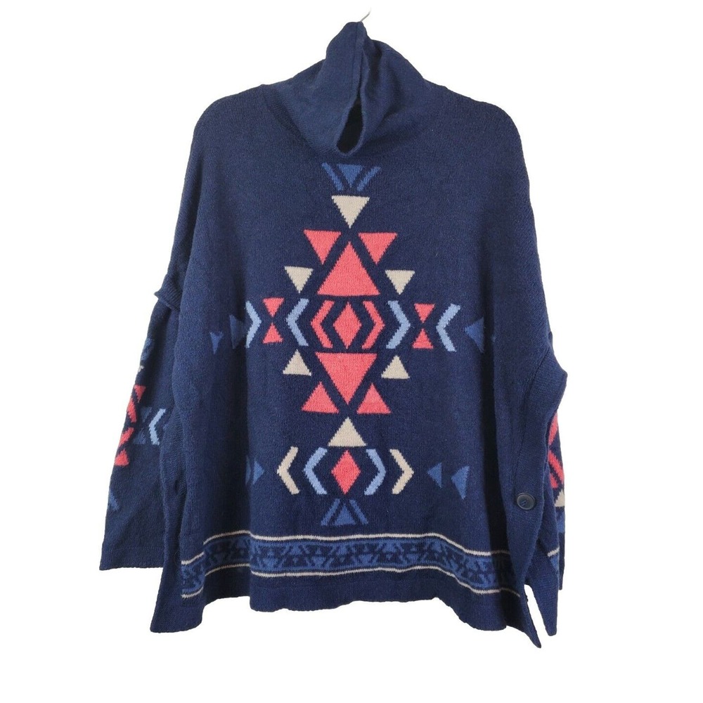 J Jill Sweater Women OVERSIZED Small Blue‎ AZTEC PRINT Cowl Neck Cotton Blend